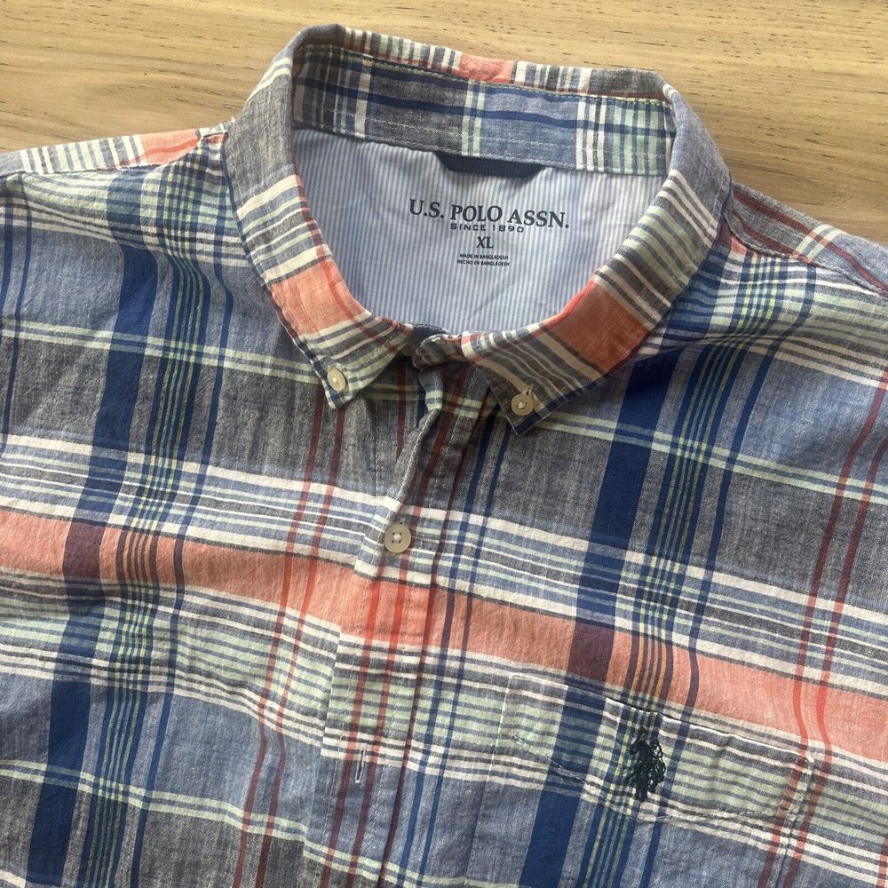 U.S. Polo Assn. Men's Shirt Size‎ XL Blue Pink White Plaid Short Sleeves Button